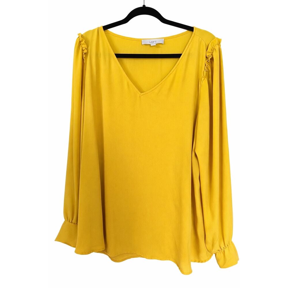 LOFT XL Mustard Yellow Boho Blouse V Neck Ruffle Shoulder Smocked Cuff Flowy Top